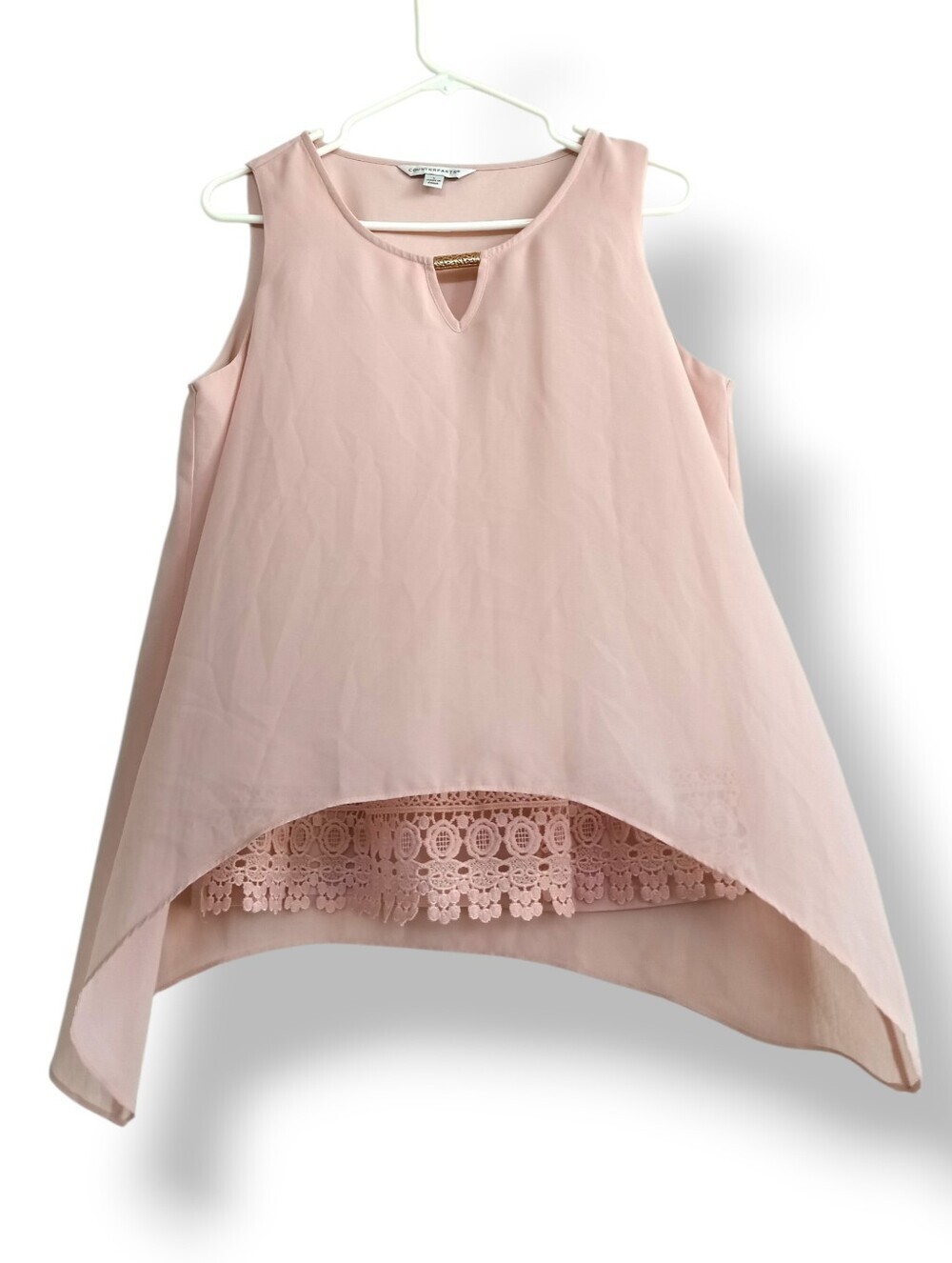 Counterparts Soft Pink Lace-Trim Sheer Tank Shark Bite Boho Lace Flowy Oversized - Picture 1 of 7